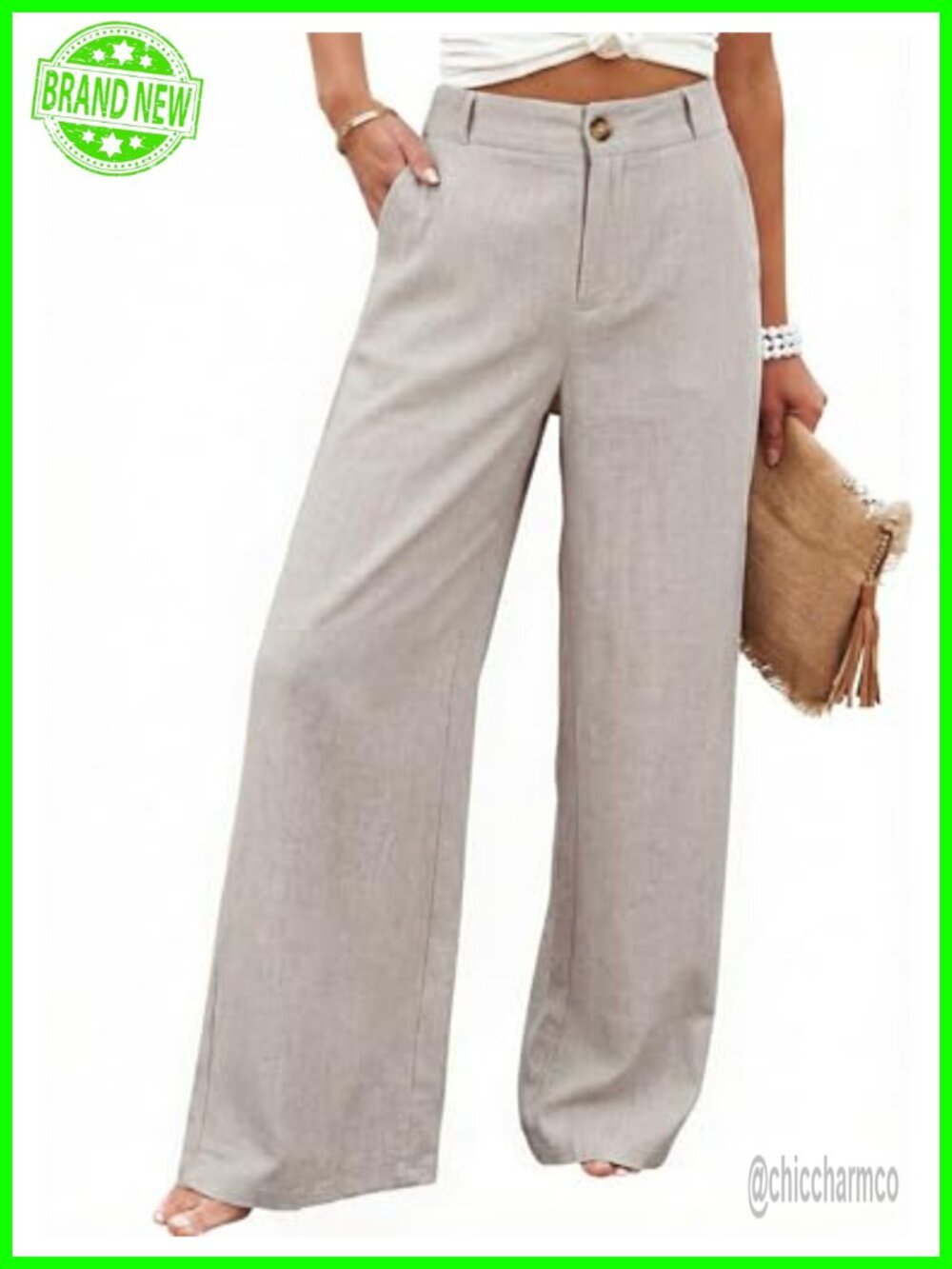 Cotton Linen Wide Leg Pants High Waisted Button Front Trousers
